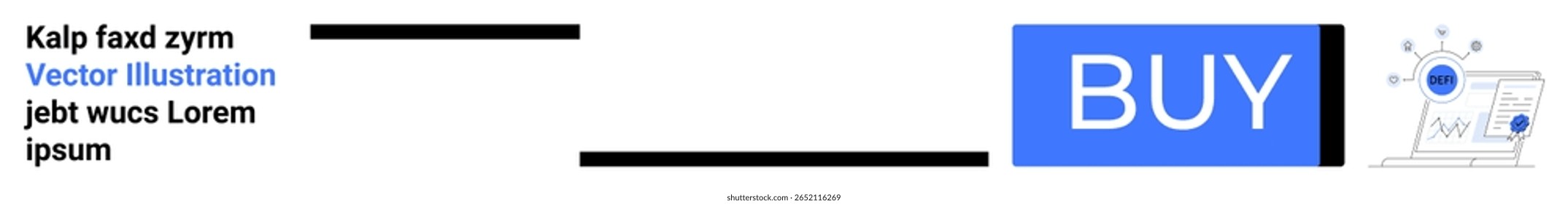 Bold blue BUY button, minimal text lines, tech-related illustration with line graphs. Ideal for e-commerce, UI design, call to action, tech websites, online shopping, digital marketing, user