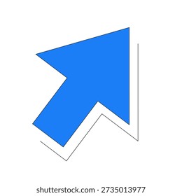 Bold blue diagonal arrow pointing up right 2D cartoon object. Growth direction symbol. Upward mouse cursor. Stylized pointer isolated element flat vector clip art on white. Spot illustration