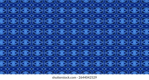 Bold blue floral geometric seamless pattern with intricate details, perfect for bold fabric designs, wallpapers, and creative backdrops.