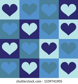 Bold blue hearts on a square checkerboard pattern