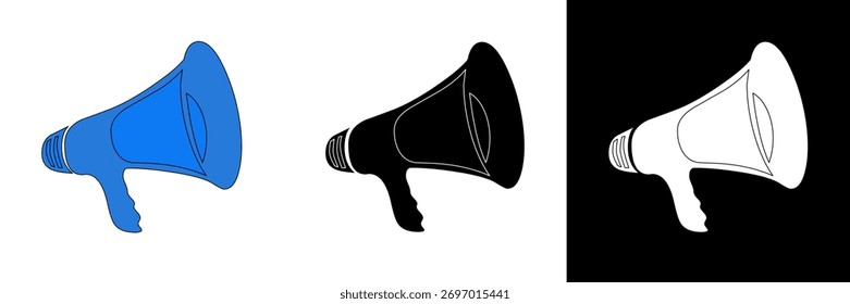 A bold blue megaphone illustration representing announcements, communication, and promotion. Available in color, black, and white styles suitable for marketing or event visuals