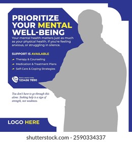 Bold blue professional mental health template highlighting available support services including therapy and self-care strategies. Perfect for medical centers and healthcare providers.