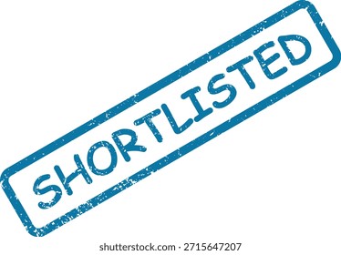 Una impresión de sello de goma azul audaz que dice 'Shortlisted', presentada con una textura clásica angustiada en blanco.