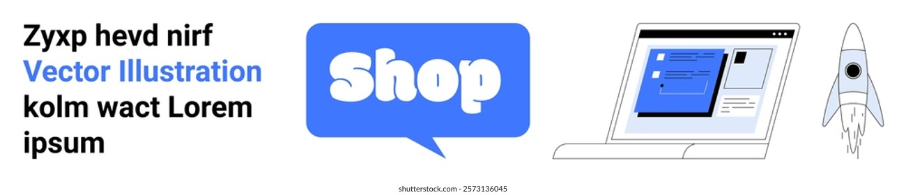 Bold blue shop text in a speech bubble, a laptop displaying an e-commerce platform, and a rocket. Ideal for e-commerce, online shopping, digital marketing, tech startups, web design. Banner for