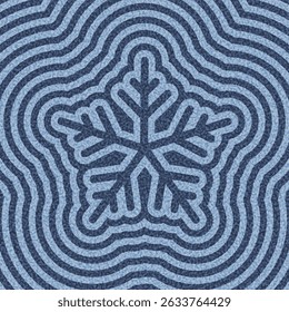 Bold blue snowflake design over layered ripple waves. Vector illustration with winter and holiday design appeal.