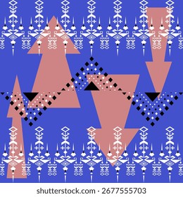 Bold blue tribal pattern with arrow and triangle motifs. Ideal for textile, wallpapers, and traditional decoration.