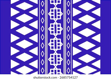 Bold blue and white geometric design.