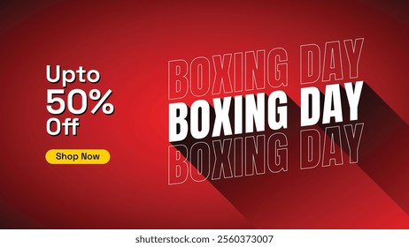 Bold Boxing Day sale banner with “Up to 50% Off” and “Shop Now” button. Perfect for website banners and social media posts