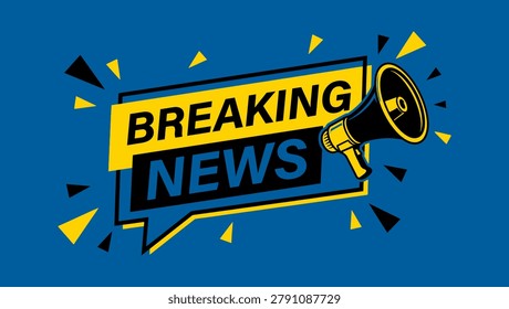 Bold breaking news banner featuring a megaphone and dynamic starbursts, ideal for urgent updates and media announcements.