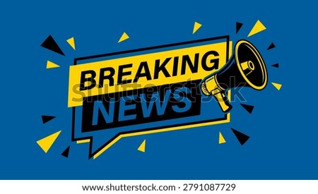 Bold breaking news banner featuring a megaphone and dynamic starbursts, ideal for urgent updates and media announcements.