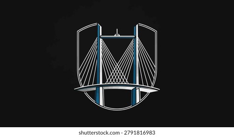 Bold bridge emblem set against a dark background, representing security, architectural prowess, and strong foundations for large corporate entities.