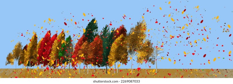 Bold and bright colors of autumn leaves are seen on a line of trees on a windy day with leaves flying. everywhere in the breeze.