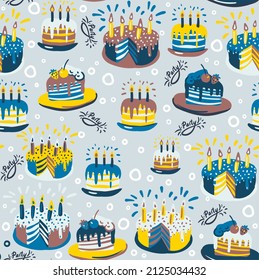 Bold and bright trendy pattern with repeating painted cakes. Wallpaper with desserts for any holiday and party to print on fabrics for clothes and paper for scrapbooking