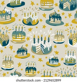Bold and bright trendy pattern with repeating painted cakes. Wallpaper with desserts for any holiday and party to print on fabrics for clothes and paper for scrapbooking