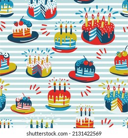 Bold and bright trendy pattern with repeating painted cakes. Wallpaper with desserts for any holiday and party to print on fabrics for clothes and paper for scrapbooking