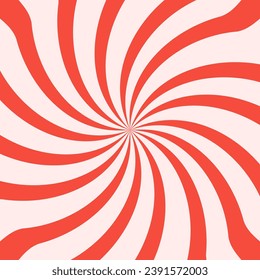 Bold and bright wavy retro sunburst design background in hot red and white colors. Groovy abstract psychedelic spiral shaped background. Tunnel Rays square backdrop. Vector illustration.