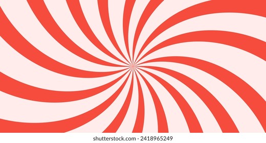 Bold and bright wavy retro sunburst design background in hot red and white colors. Groovy abstract psychedelic spiral shaped background. Tunnel Rays square backdrop. Vector illustration.