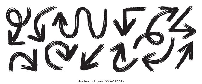 bold brush arrows set. marker hand drawn arrows collection, doodle thick arrows different directions. Vector illustration