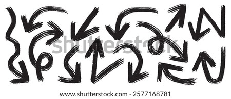bold brush arrows set. marker hand drawn arrows collection, doodle thick arrows different directions. Vector illustration