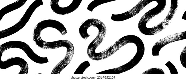 Bold brush curly lines seamless banner design. Creative abstract squiggle style drawing background for children or trendy seamless pattern. Wavy bold brush strokes, biological rough curved smears.