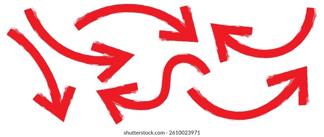 Bold brush drawn arrows. Set of Hand drawn vector arrows doodle on white background. Hand drawn black grunge bent arrow pointing upwards, bold brush stroke. Red hand drawn brush arrow icon vector set.