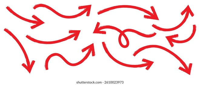 Bold brush drawn arrows. Set of Hand drawn vector arrows doodle on white background. Hand drawn black grunge bent arrow pointing upwards, bold brush stroke. Red hand drawn brush arrow icon vector set.