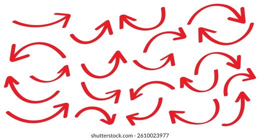 Bold brush drawn arrows. Set of Hand drawn vector arrows doodle on white background. Hand drawn black grunge bent arrow pointing upwards, bold brush stroke. Red hand drawn brush arrow icon vector set.