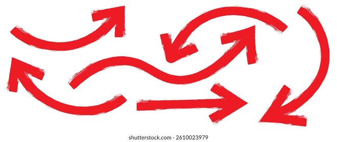 Bold brush drawn arrows. Set of Hand drawn vector arrows doodle on white background. Hand drawn black grunge bent arrow pointing upwards, bold brush stroke. Red hand drawn brush arrow icon vector set.