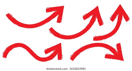 Bold brush drawn arrows. Set of Hand drawn vector arrows doodle on white background. Hand drawn black grunge bent arrow pointing upwards, bold brush stroke. Red hand drawn brush arrow icon vector set.