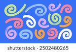 Bold brush drawn colorful spirals and swirls. Hand drawn vector geometric circular elements. Dynamic abstract vector forms. Grunge swirled brush stroke, curly thick lines. Thick geometric swirls.