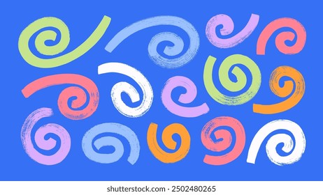 Bold brush drawn colorful spirals and swirls. Hand drawn vector geometric circular elements. Dynamic abstract vector forms. Grunge swirled brush stroke, curly thick lines. Thick geometric swirls.