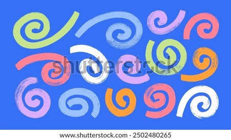 Bold brush drawn colorful spirals and swirls. Hand drawn vector geometric circular elements. Dynamic abstract vector forms. Grunge swirled brush stroke, curly thick lines. Thick geometric swirls.