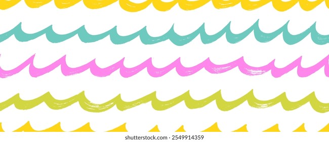 Bold brush drawn colorful waves seamless background. Seamless pattern with curly thick lines, tsunami, nautical tide and storm motif. Hand drawn graphic wavy background with simple nautical motif.