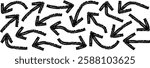 Bold brush drawn curved arrows. Collection doodle grunge marker arrows in different style. Hand draw arrows collection. Doodle chalk grunge arrows set. Curved, Wavy brush strokes scratches arrow set