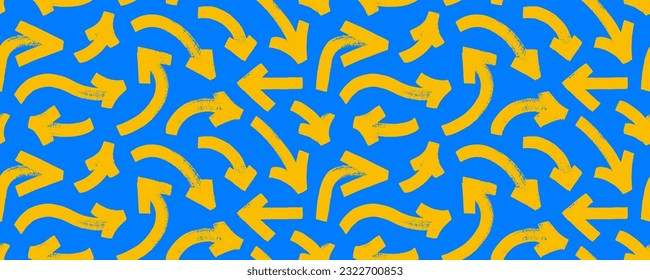 Bold brush drawn curved arrows seamless pattern. Hand drawn vector thick yellow marker arrows on blue background. Curved and wavy brush strokes. Seamless banner with vector direction pointers.