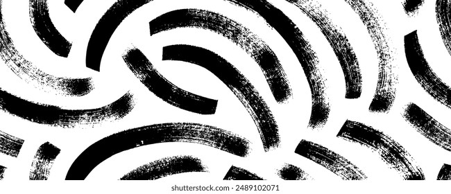 Bold brush drawn curved lines seamless pattern. Abstract geometric background with grunge curves and thick circular strokes. Geometric messy doodle seamless pattern. Hand drawn ink illustration.