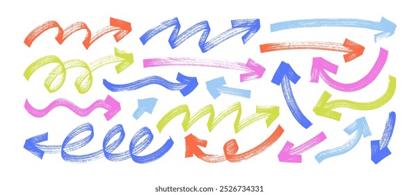 Pincel audaz dibujado con flechas curvas y onduladas. Marcador de doodle multicolor flechas gruesas en diferentes direcciones. Vector de punteros de dirección gruesos, movimientos de pincel, líneas en negrita en zigzag. Dibujos de marcadores.