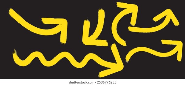 Pincel audaz dibujado con flechas curvas y onduladas. Marcador de doodle multicolor flechas gruesas en diferentes direcciones.