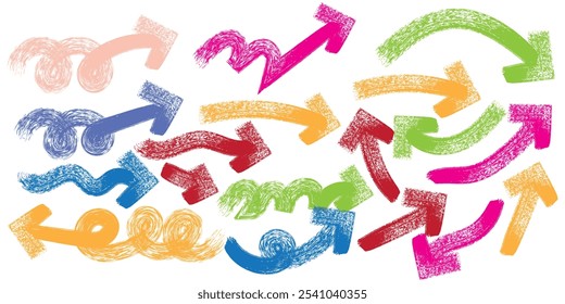 Bold brush drawn curved and wavy arrows. Multi colored doodle marker thick arrows in different directions.