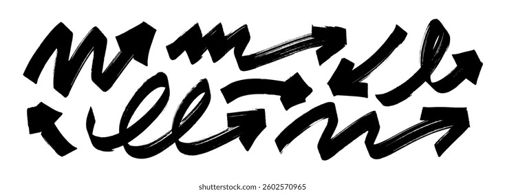 Bold brush drawn curved and wavy arrows collection. Funky vector thick arrows. Hand drawn bold direction pointers, squiggle thick lines, curly brush strokes for banners, design or collages. 
