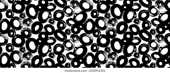 Bold brush drawn doodle circles seamless pattern. Hand drawn round shapes in grunge style with rough edges. Abstract blobs, spots, circles and organic round shapes. Random naive spots texture.