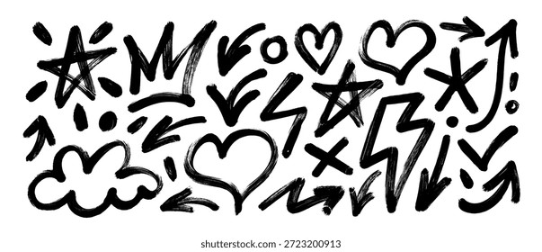 Bold brush drawn doodle shapes for graffiti street art poster design. Hand drawn thick heart and star symbols. Funky bold sticker collection. Naive brush graphic vector elements. Funky thick doodles.