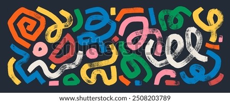 Bold brush drawn geometric curved lines with loops, spirals and swirls collection. Colorful squiggles and scribbles in grunge punk style for collages and design. Thick doodle lines and brush strokes.