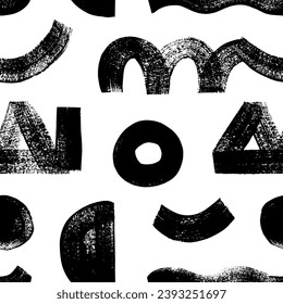 Bold brush drawn geometric shapes seamless pattern. Abstract circle, curved lines, triangles, zigzag. Bold graffiti style vector shapes. Grunge thick geometric brush strokes. Modern thick figures.