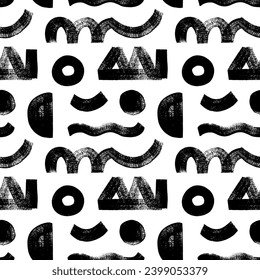 Bold brush drawn geometric shapes seamless pattern. Abstract circle, curved lines, triangles, zigzag. Bold graffiti style vector shapes. Grunge thick geometric brush strokes. Modern thick figures.