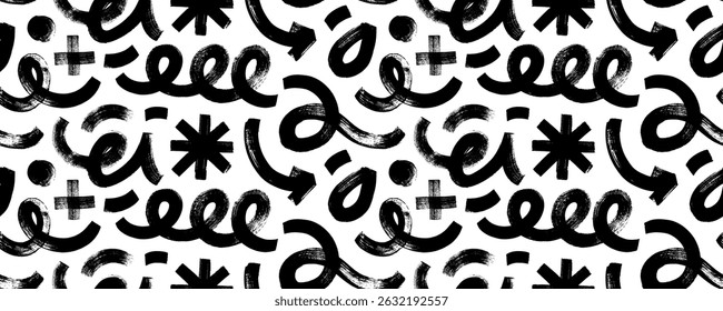 Bold brush drawn geometric shapes and squiggle lines seamless pattern. Doodle grunge background with funky shapes, forms and curly bold lines. Hand drawn brush strokes with dry rough texture.