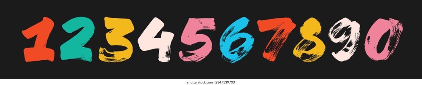 Bold brush drawn grunge numbers in bright colors. Dirty textured vector numbers for kid stuff. Rough brush strokes. Hand drawn thick digits in grunge modern style. Graffiti style writing.