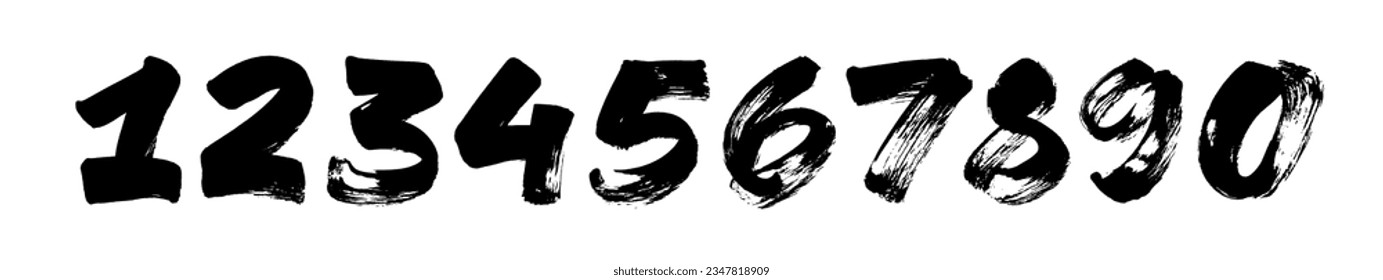 Bold brush drawn grunge numbers. Dirty textured vector numbers. Rough brush strokes. Hand drawn thick digits in grunge modern style. Dry strokes vector texture. Graffiti style writing.