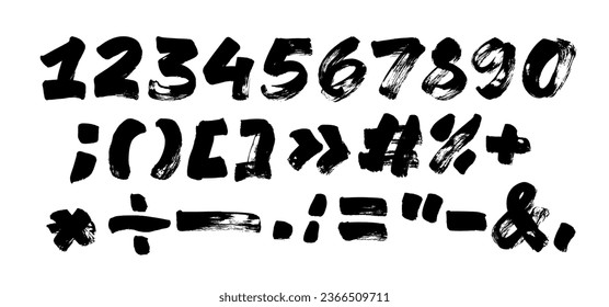 Bold brush drawn grunge numbers with punctuation marks and alphabet symbols. Playful style font design, childish handwritten numbers. Thick characters with dry brush texture.