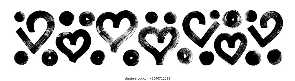 Bold brush drawn hearts with dots. Hand drawn grunge geometric heart shapes isolated on white background. Love romantic vector elements with grunge dry brush texture. Icons for design, collages, cards